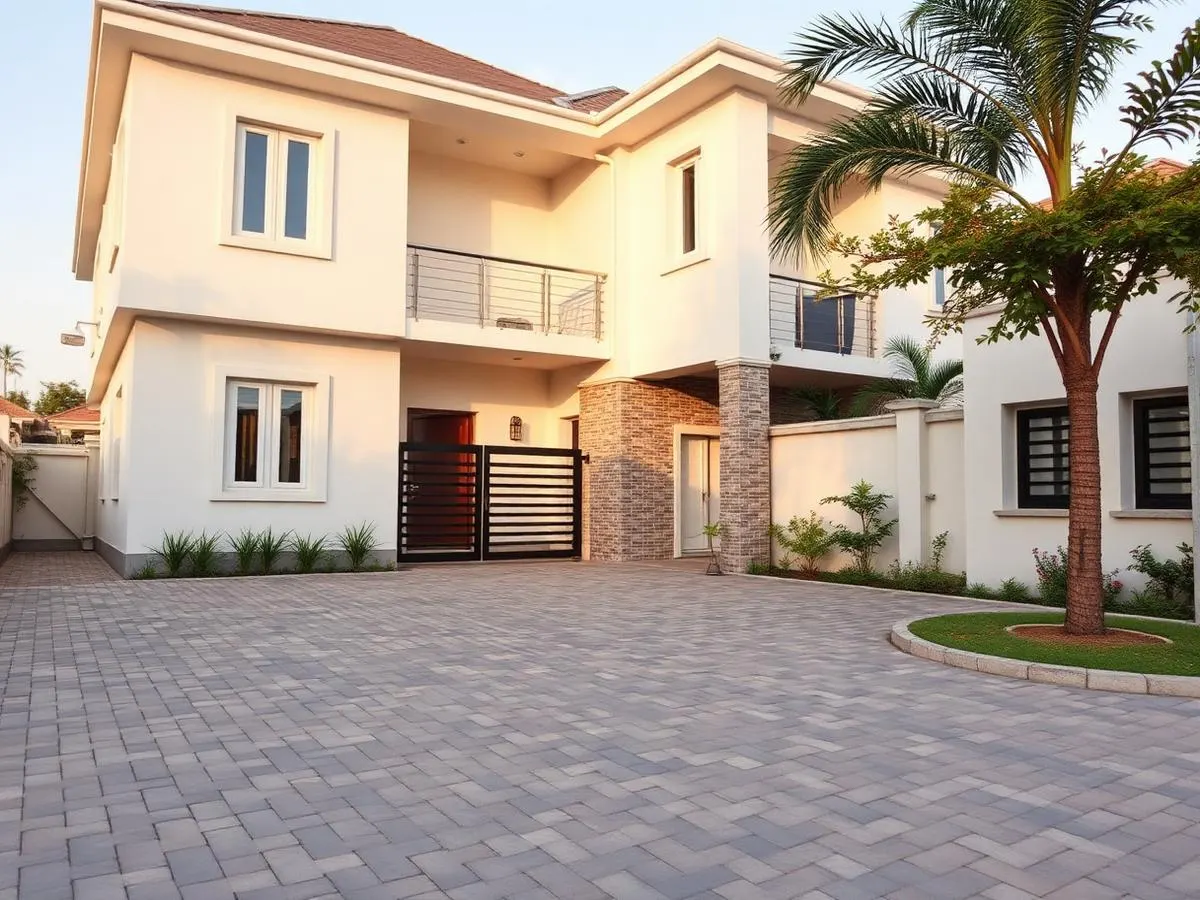 Modern duplex with painted exterior and interlocking driveway
