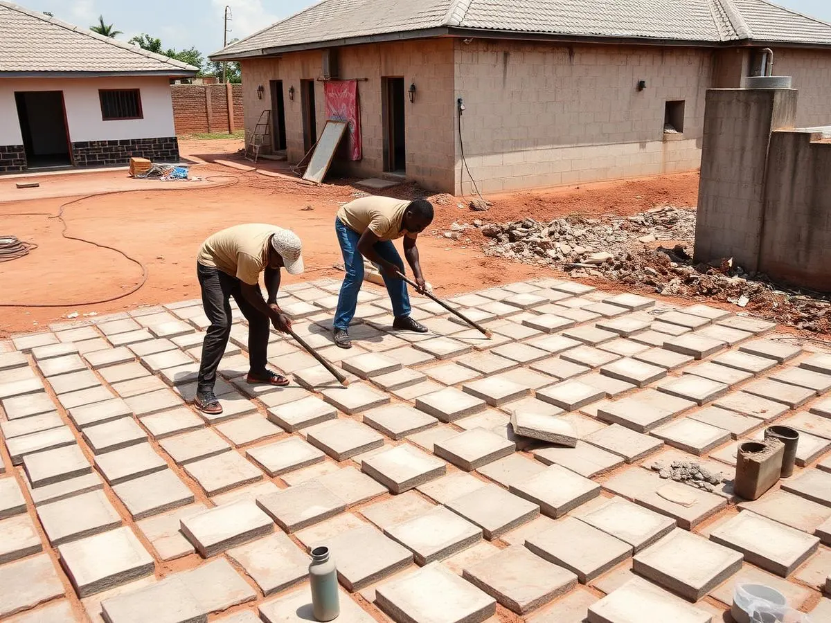 Workers laying interlocking paving stones on a commercial compound